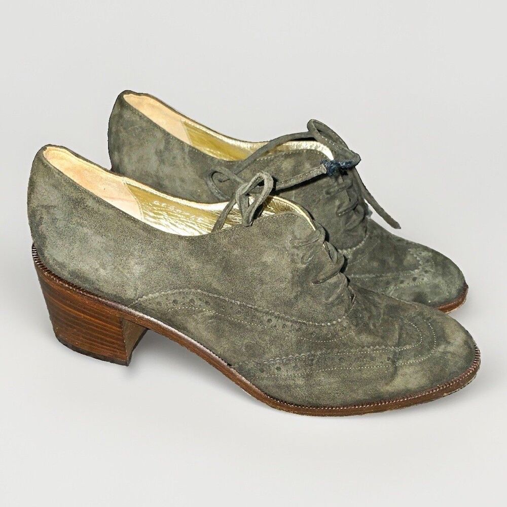 Joan & David Green Suede Brogue Lace-Up Oxford Almond Toe Heels Size 8.5